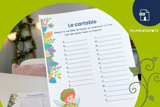 Activité rentrée à imprimer : remplis le cartable de Plume et Papote
