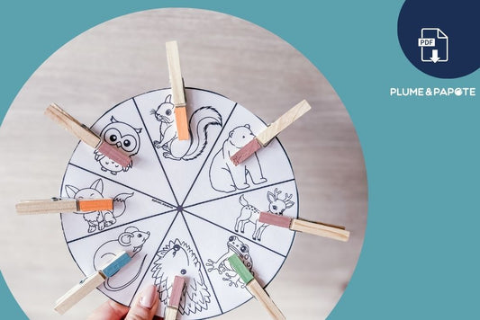 PDF gratuit à imprimer : jeu de pinces pour apprendre les couleurs, les animaux et les fruits